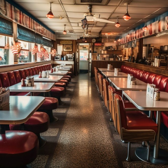 Dinner américain vintage avec de longues rangées de sièges rouges